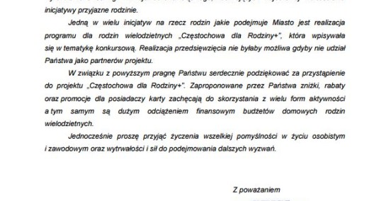 Prezydent miasta Częstochowy – Partner „Częstochowa dla rodziny+”